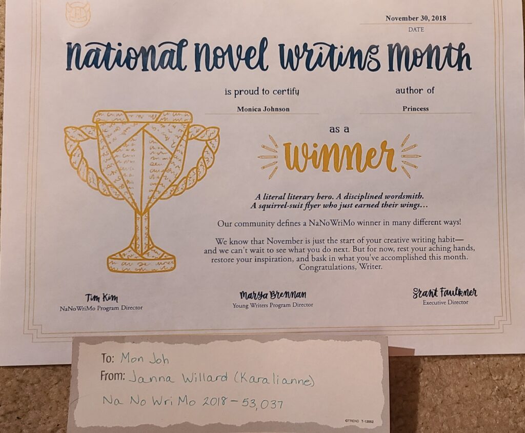 NaNoWriMo winner certificate for Princess dated November 30, 2018