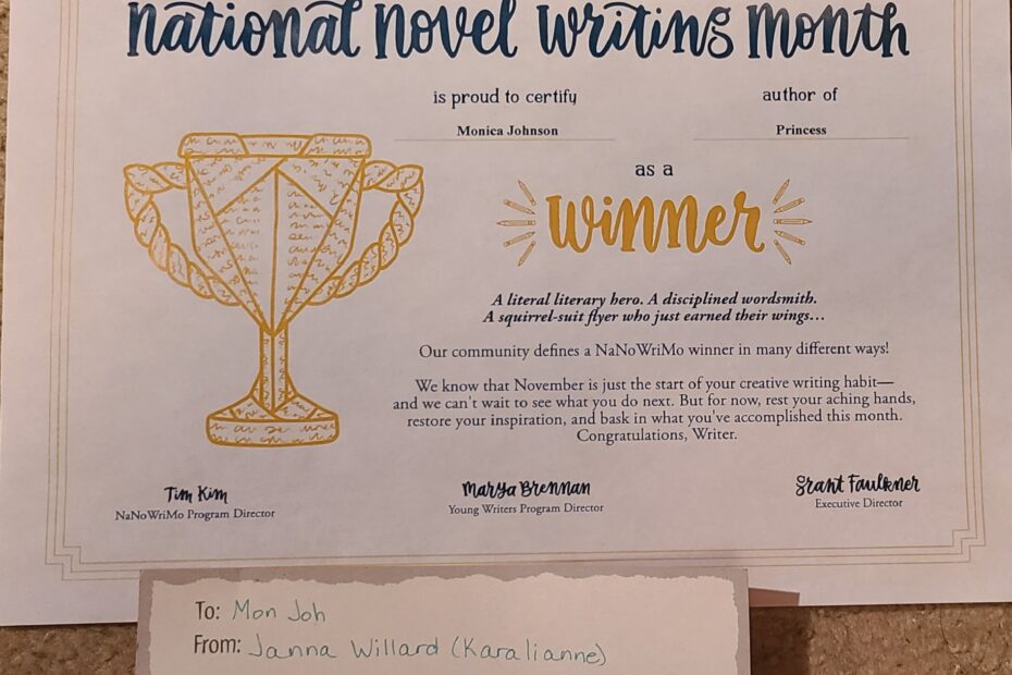 NaNoWriMo winner's certificate dated November 30, 2018