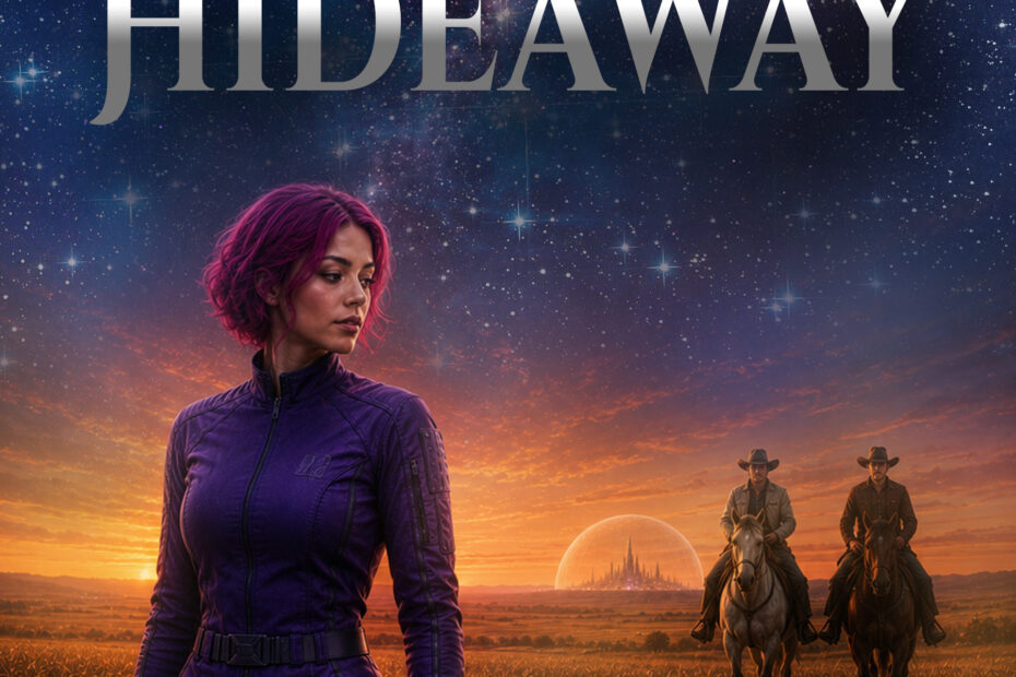 Cover for novel Hideaway showing a woman in a futuristic purple jumpsuit, a distant domed city, and two cowboys.
