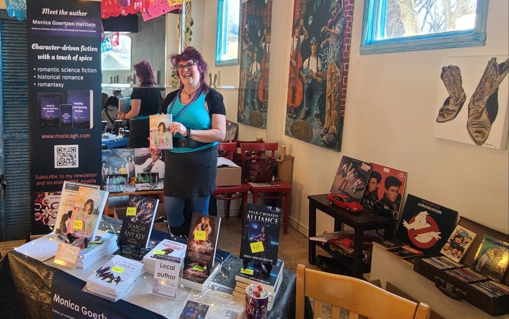 Monica's author table at AVGD book launch